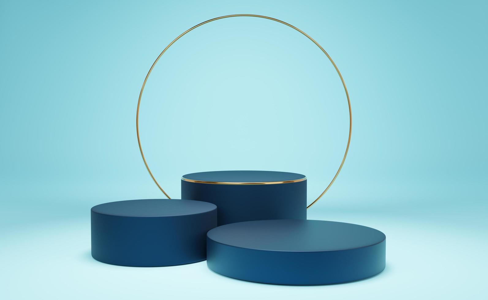 Empty blue cylinder podium with gold border and gold circle on blue background. Abstract minimal studio 3d geometric shape object. Mockup space for display of product design. 3d rendering. photo