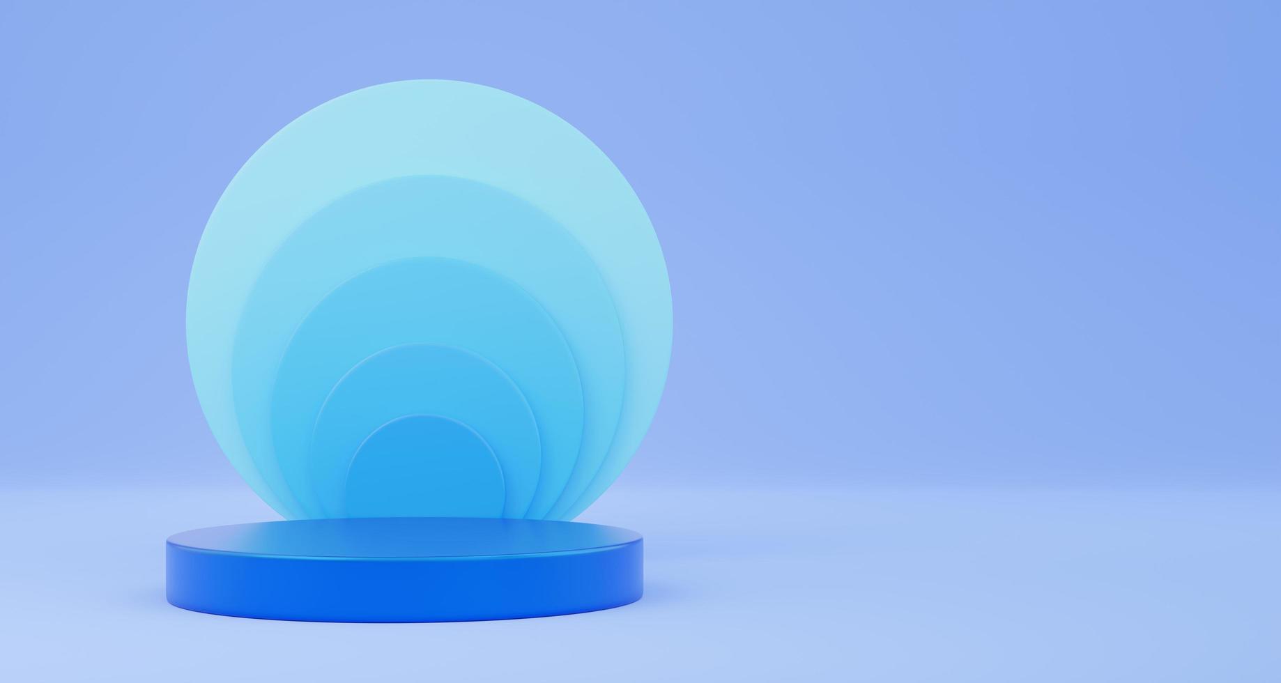 Empty blue cylinder podium on blue background. Abstract minimal studio 3d geometric shape object. Mockup space for display of product design. 3d rendering. photo