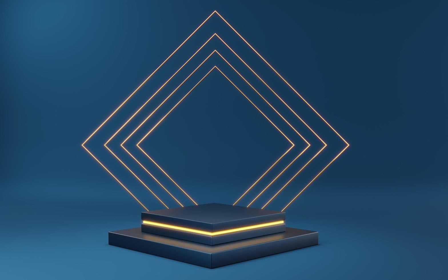 Empty blue cube podium with gold neon and gold square on blue background. Abstract minimal studio 3d geometric shape object. Mockup space for display of product design. 3d rendering. photo