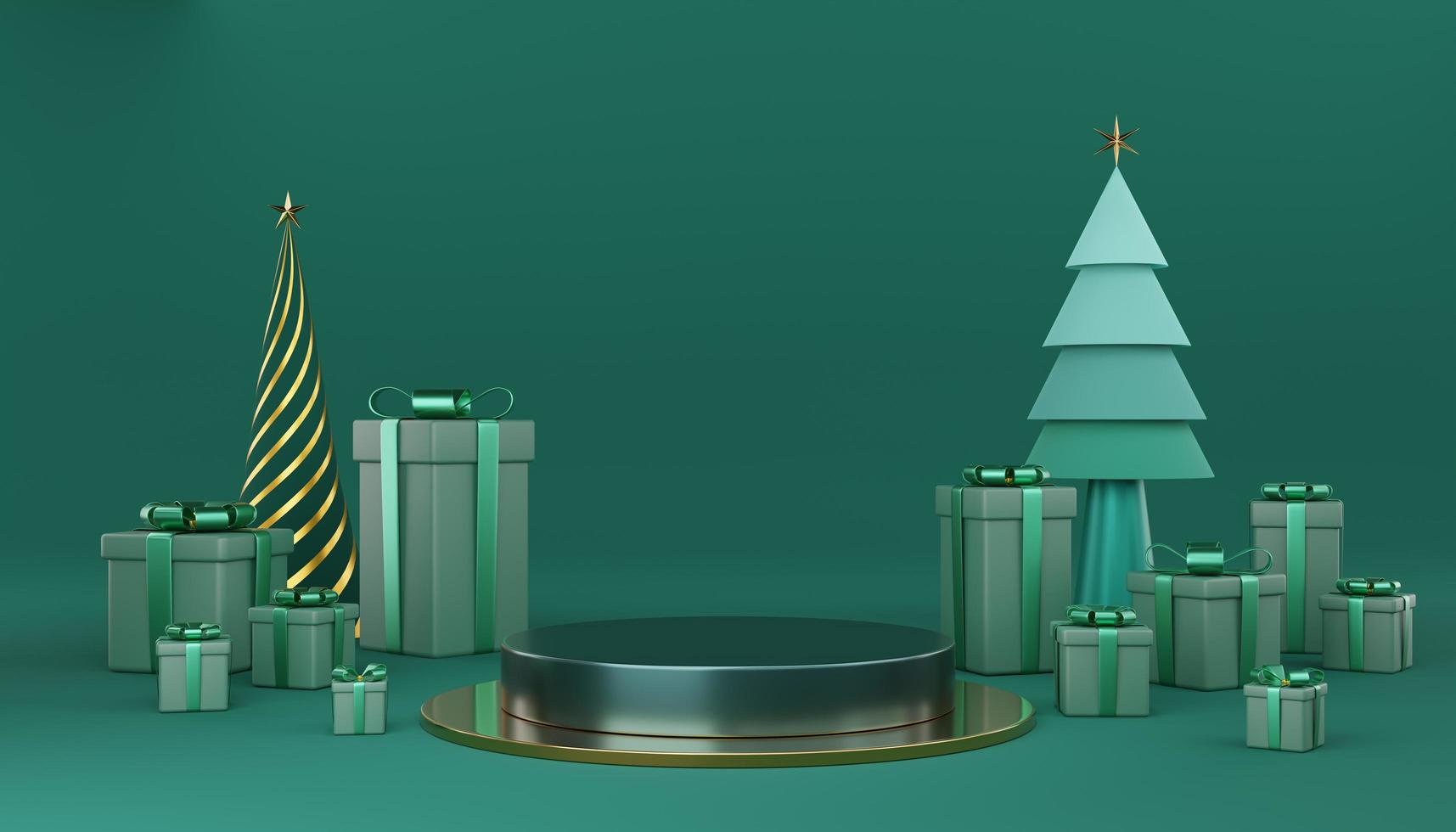 podio de cilindro verde y dorado vacío con caja de regalo verde, pinos y estrella sobre fondo verde. estudio mínimo abstracto 3d geométrico para navidad. maqueta para feliz navidad. representación 3d foto