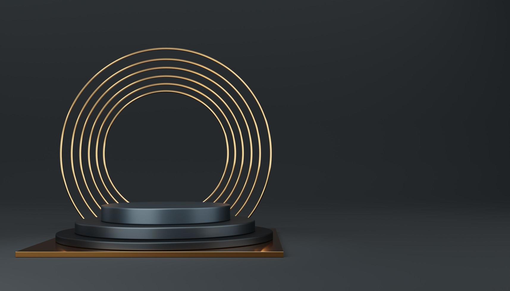 Empty 3 gray cylinder podium with gold border cube and circle on black background. Abstract minimal studio 3d geometric shape object. Pedestal mockup space for display of product design. 3d rendering. photo