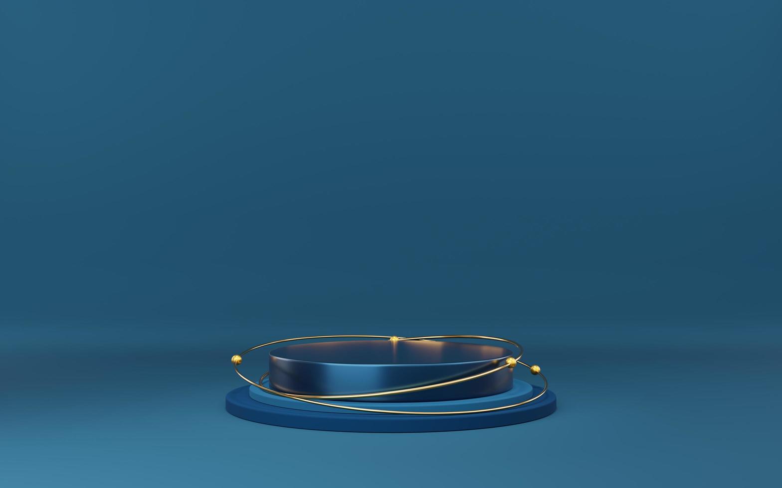 Empty blue cylinder podium and gold circle and ball on blue background. Abstract minimal studio 3d geometric shape object. Mockup space for display of product design. 3d rendering. photo