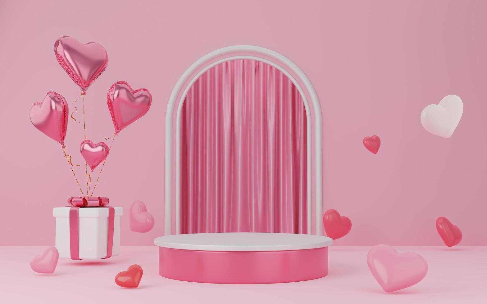 Empty white and pink cylinder podium with gift boxes, hearts balloons on arch and curtain background. Valentine's Day interior with pedestal. Mockup space for display of product design. 3d rendering. photo