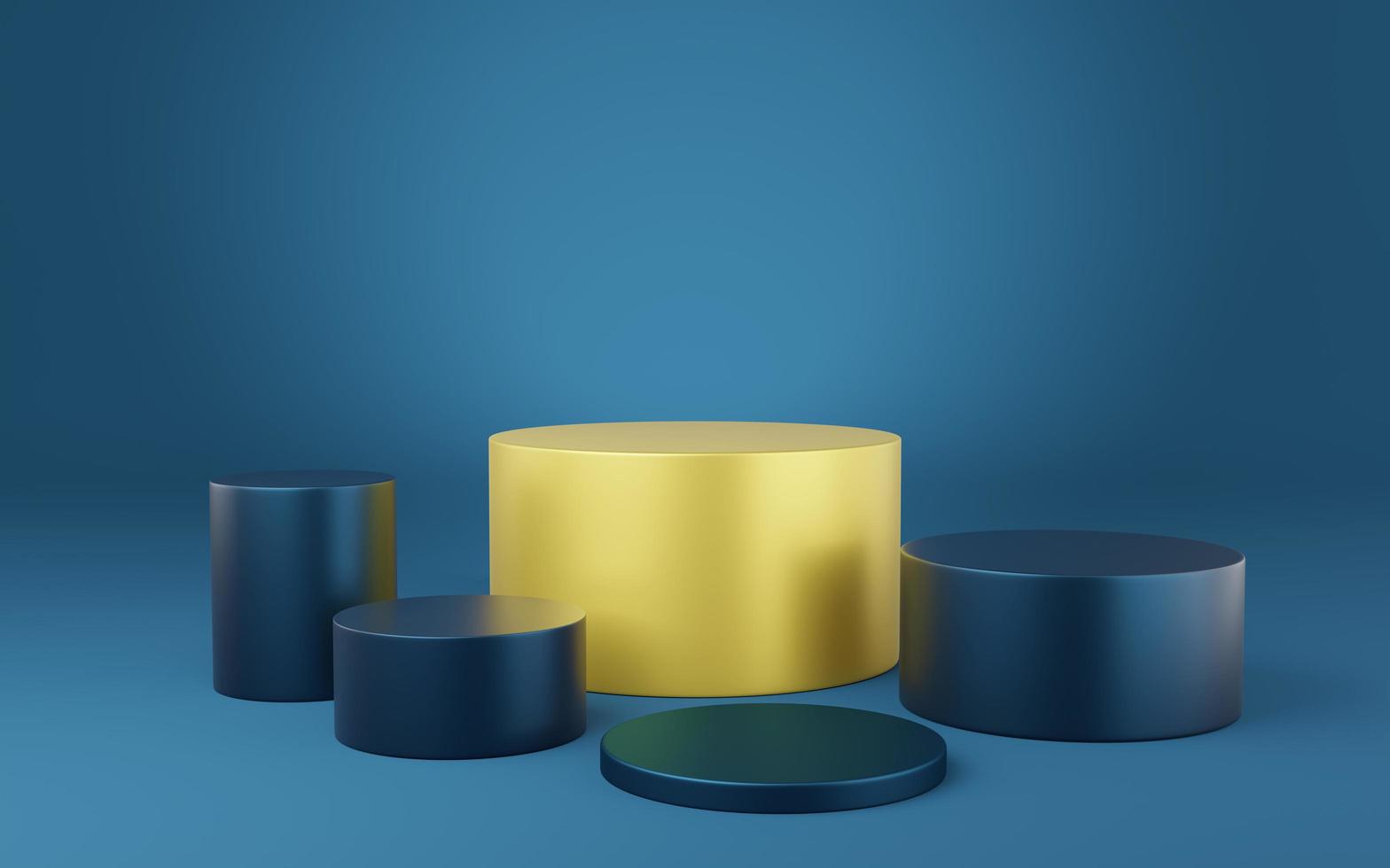 5 empty yellow and blue cylinder podium on blue background. Abstract minimal studio 3d geometric shape object. Mockup space for display of product design. 3d rendering. photo