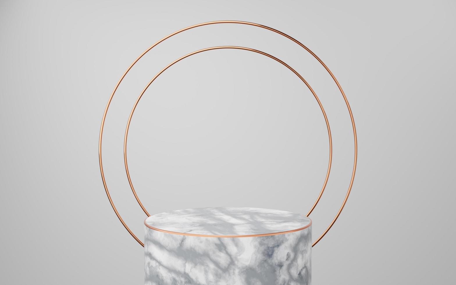 Empty white marble cylinder podium with gold border and copper circle on gray background. Abstract minimal studio 3d geometric shape object. Mockup space for display of product design. 3d rendering. photo