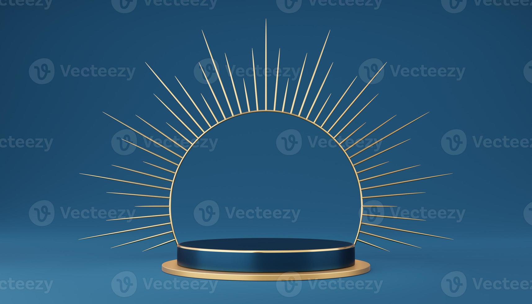 Empty blue cylinder podium with gold border and spiked halo circle on blue background. Abstract minimal studio 3d geometric shape object. Pedestal mockup space for luxury display. 3d rendering. photo