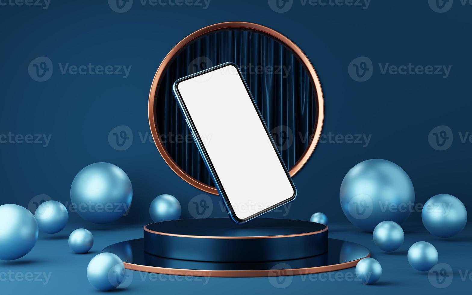 Blue mobile phone on cylinder podium with copper border, gold circle arch, ball and curtain background. Minimal studio with blank white screen. Pedestal mock up for modern smartphone. 3d rendering. photo