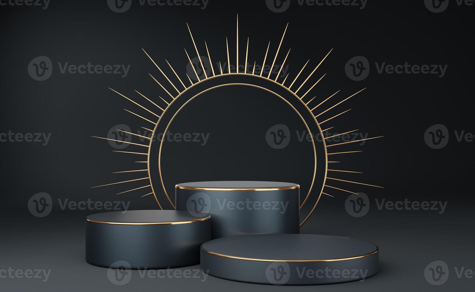 3 Empty gray cylinder podium with gold border and spiked halo circle on black background. Abstract minimal studio 3d geometric shape object. Pedestal mockup space for luxury display. 3d rendering. photo