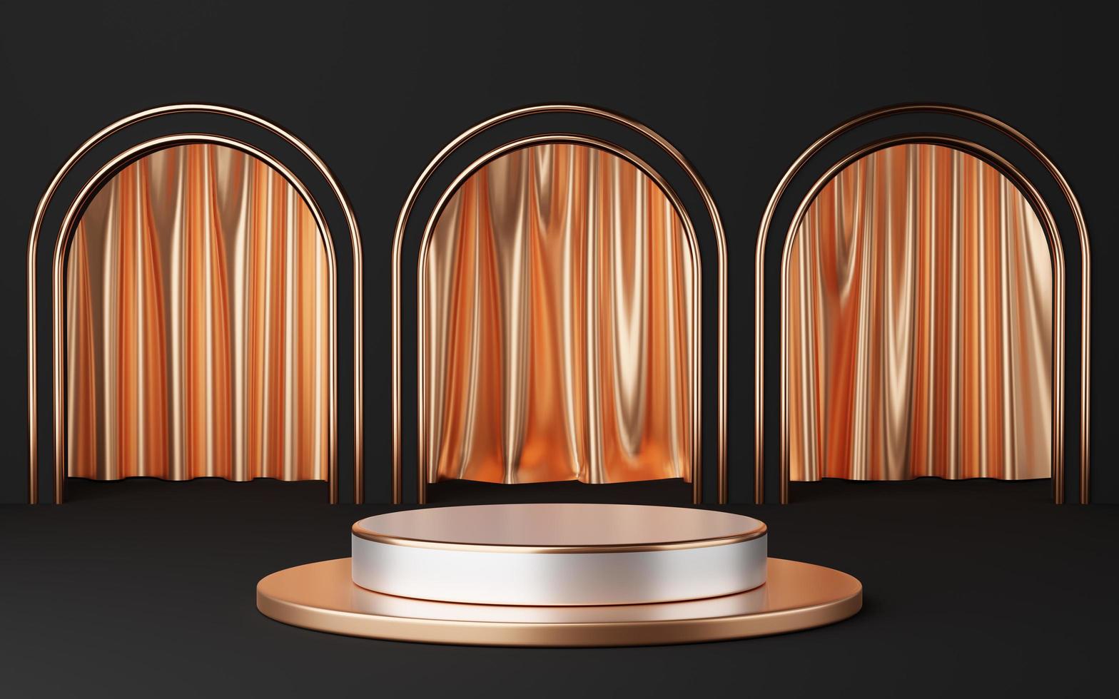 Empty white cylinder podium with copper border on 3 black arch and gold curtain background. Abstract minimal studio 3d geometric shape object. Mockup space for display of product design. 3d rendering. photo