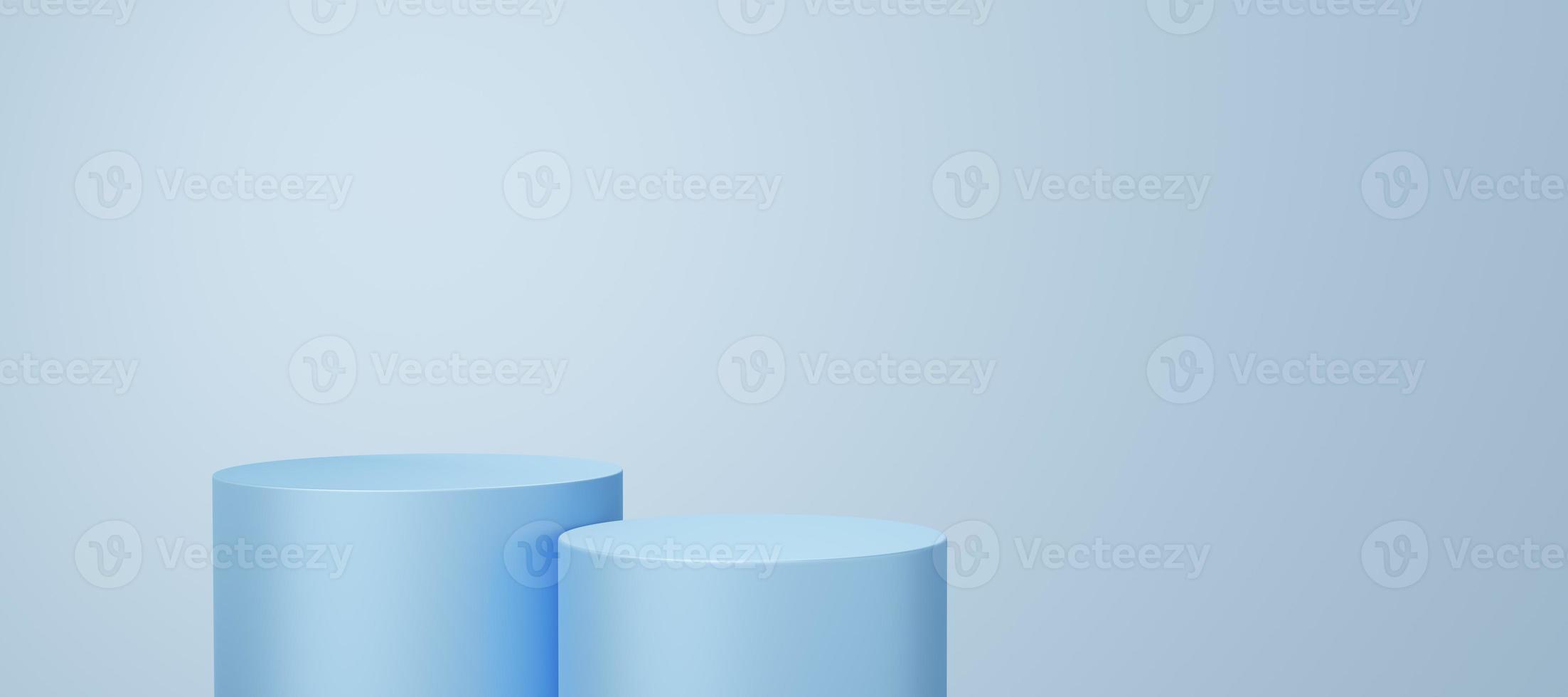 Empty blue cylinder podium floating on white copy space background. Abstract minimal studio 3d geometric shape object. Monotone pedestal mockup space for display of product design. 3d rendering. photo