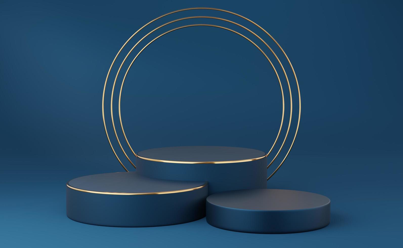 Empty blue cylinder podium with gold border and 3 gold circle on blue background. Abstract minimal studio 3d geometric shape object. Mockup space for display of product design. 3d rendering. photo