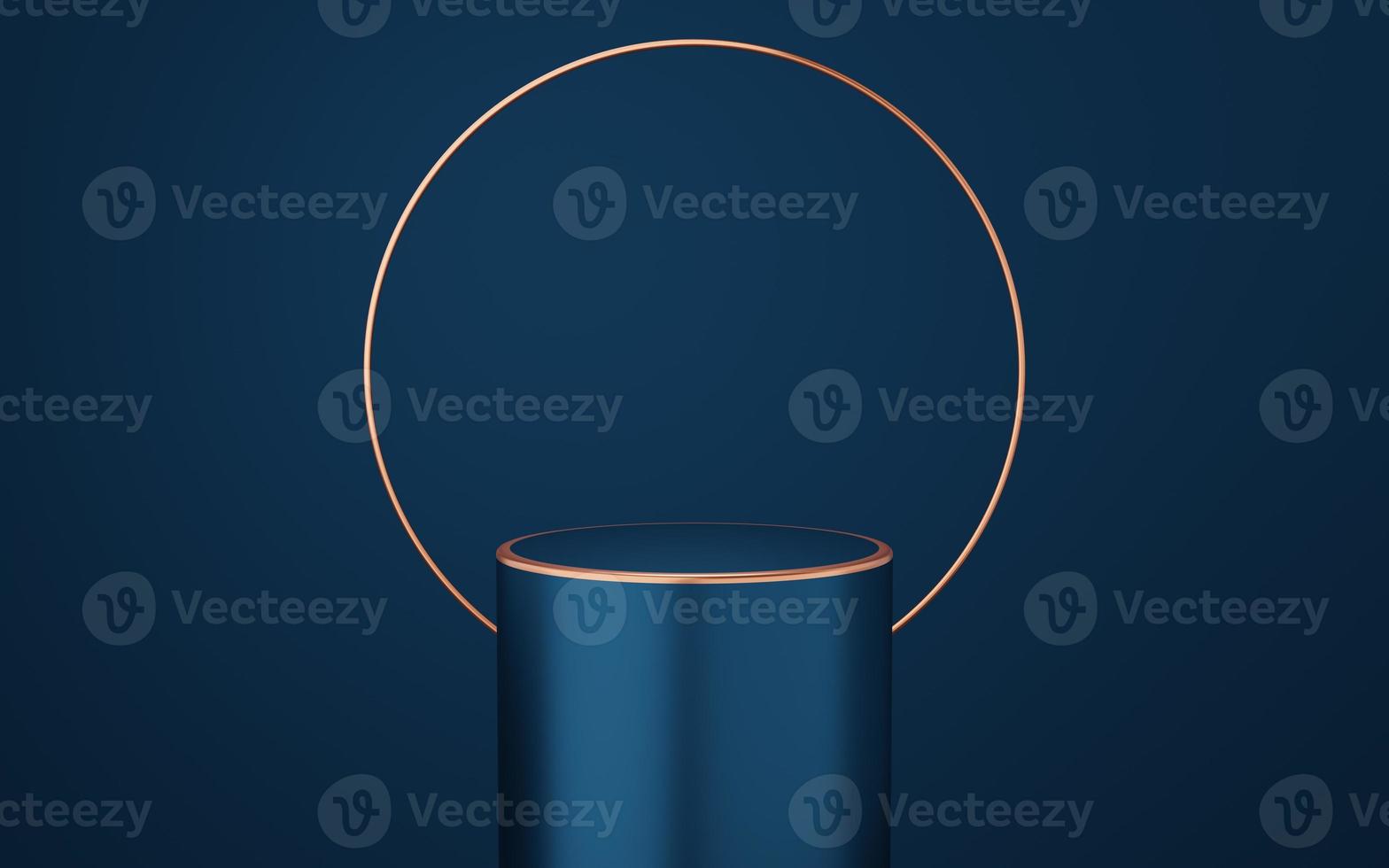 Empty blue cylinder podium with gold border and copper circle on blue background. Abstract minimal studio 3d geometric shape object. Mockup space for display of product design. 3d rendering. photo