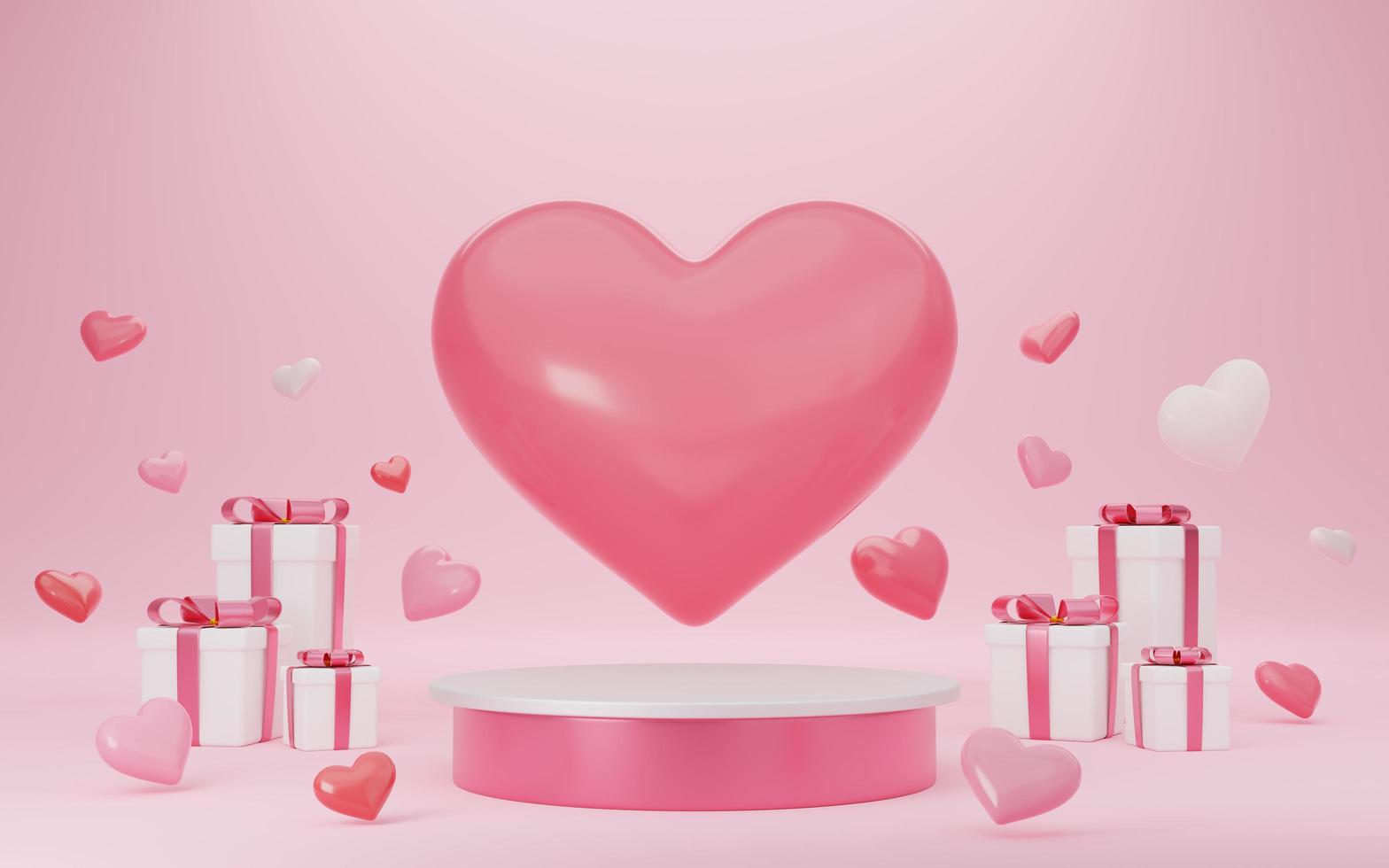 Empty white and pink cylinder podium with hearts balloons, gift boxes on arch and curtain background. Valentine's Day interior with pedestal. Mockup space for display of product design. 3d rendering. photo