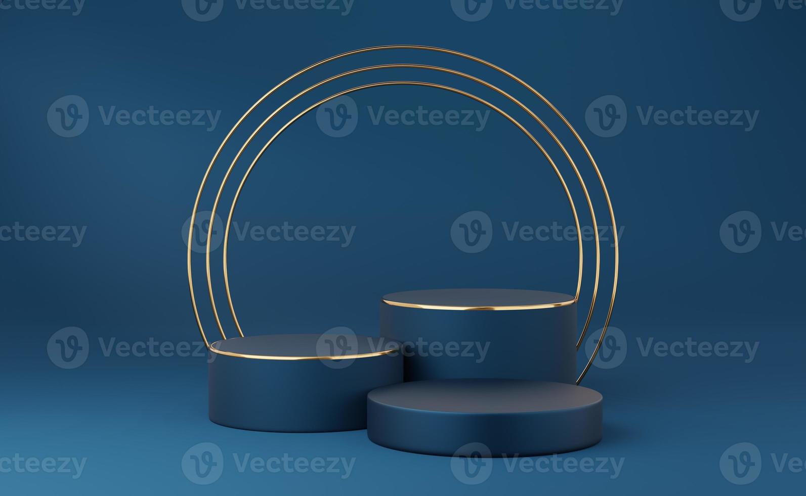 Empty blue cylinder podium with gold border and 3 gold circle on blue background. Abstract minimal studio 3d geometric shape object. Mockup space for display of product design. 3d rendering. photo