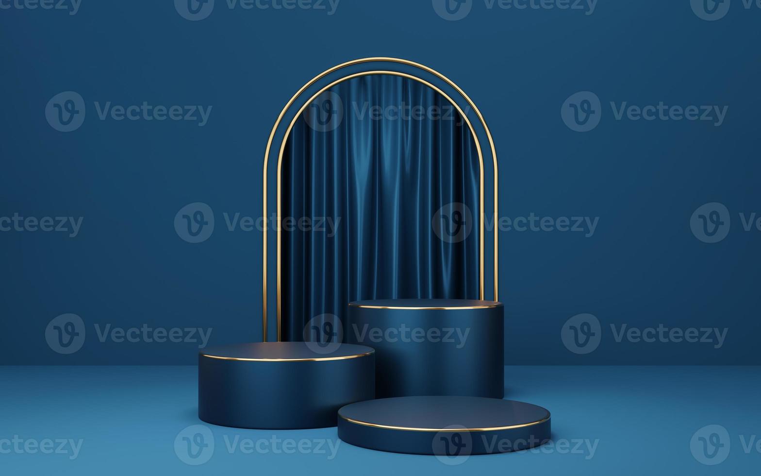 3 Empty blue cylinder podium with gold border on blue arch and curtain background. Abstract minimal studio 3d geometric shape object. Mockup space for display of product design. 3d rendering. photo