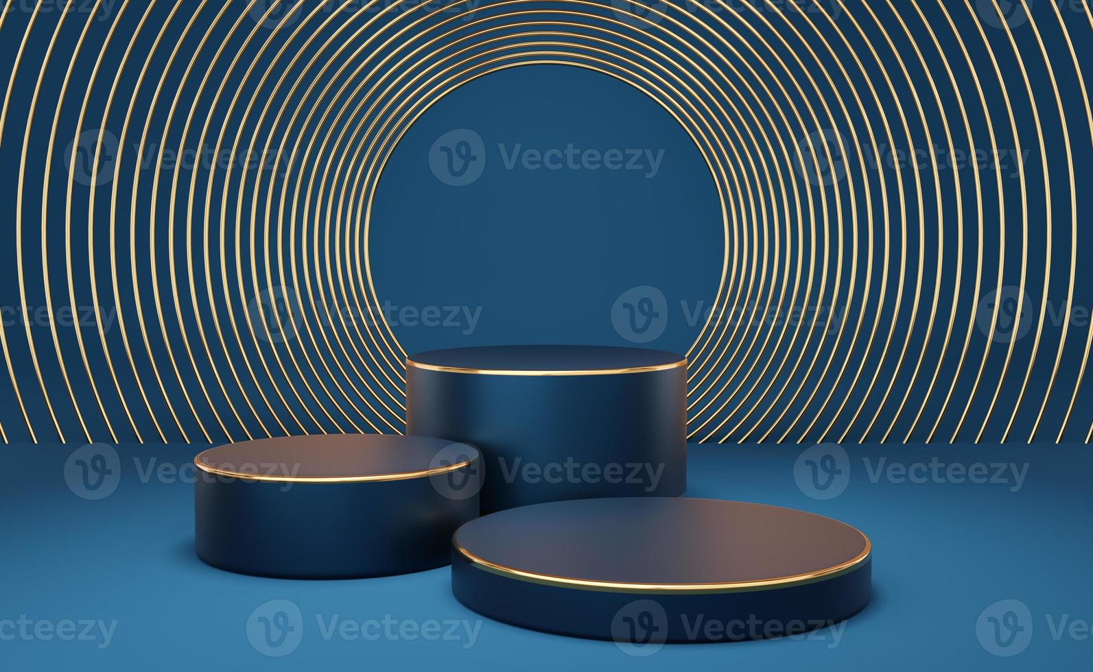 Empty blue cylinder podium with gold border and gold circle on blue background. Abstract minimal studio 3d geometric shape object. Mockup space for display of product design. 3d rendering. photo