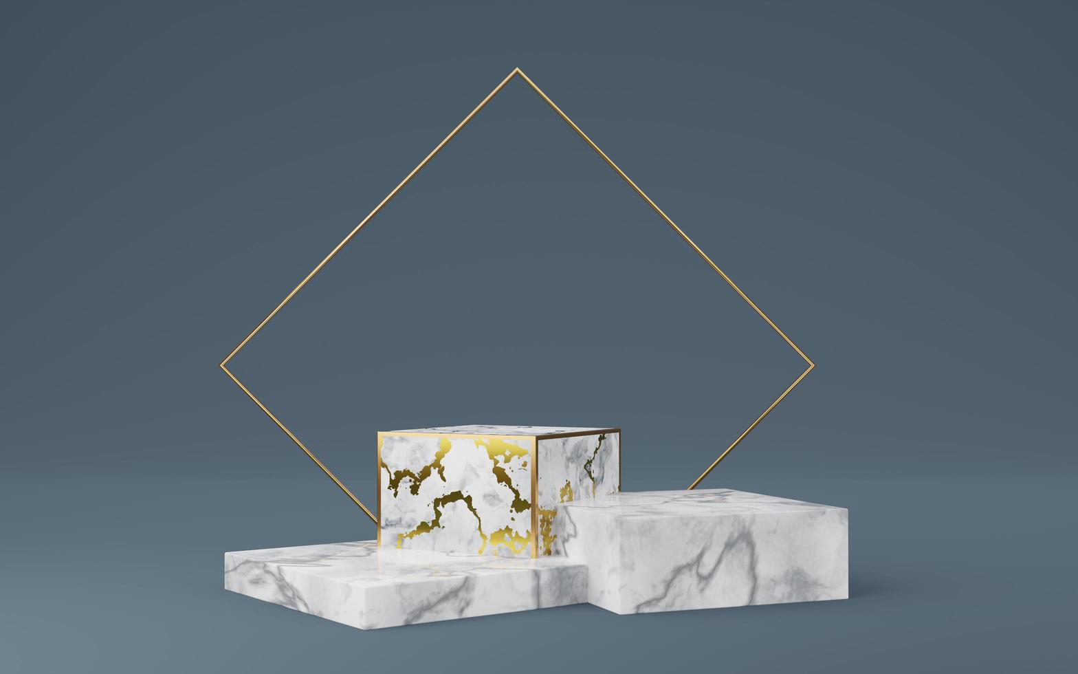 Empty white cube podium with gold border, blue striped and gold square on gray background. Abstract minimal studio 3d geometric shape object. Mockup space for display of product design. 3d rendering. photo
