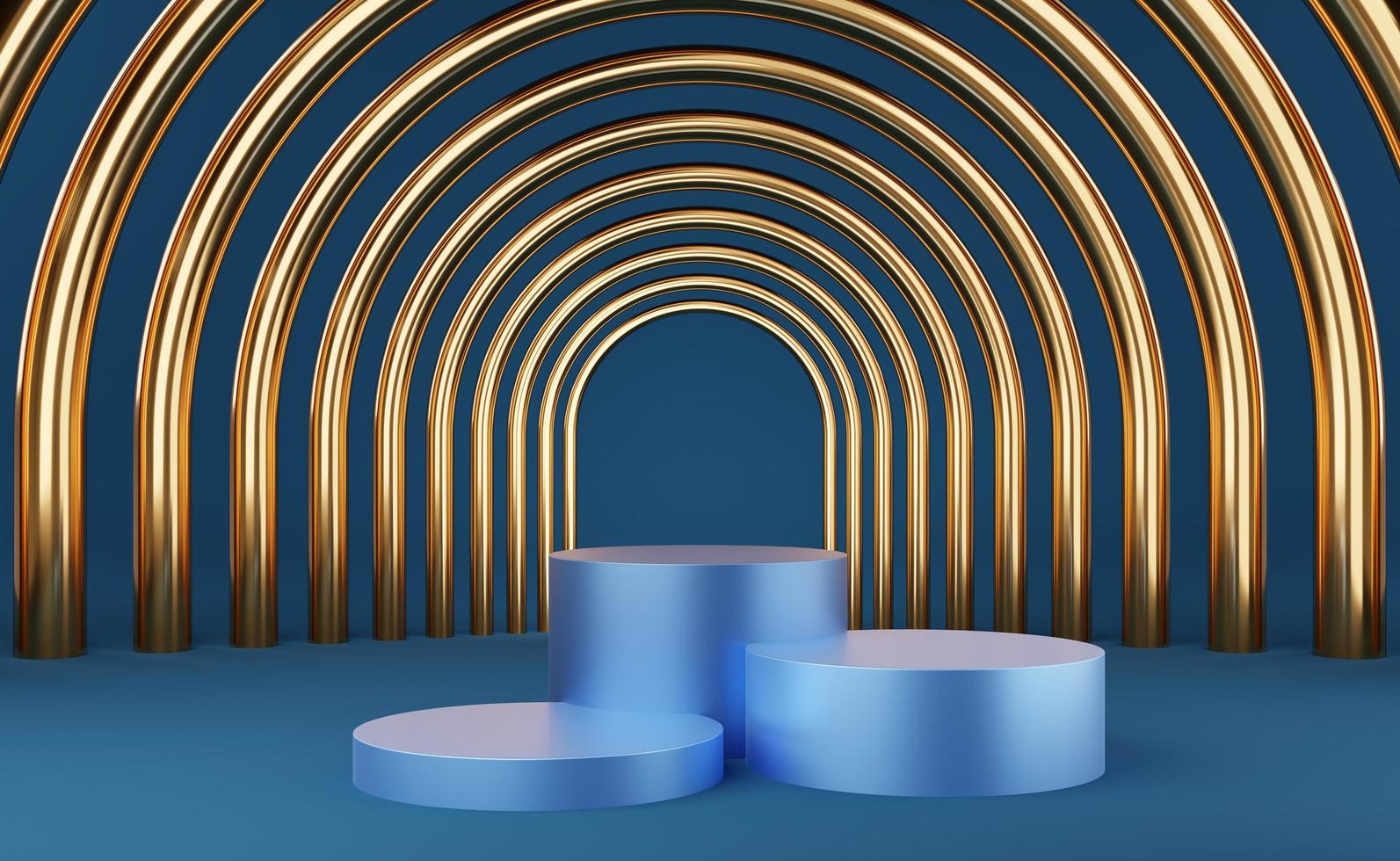 Empty blue cylinder podium and gold arch on blue background. Abstract minimal studio 3d geometric shape object. Mockup space for display of product design. 3d rendering. photo