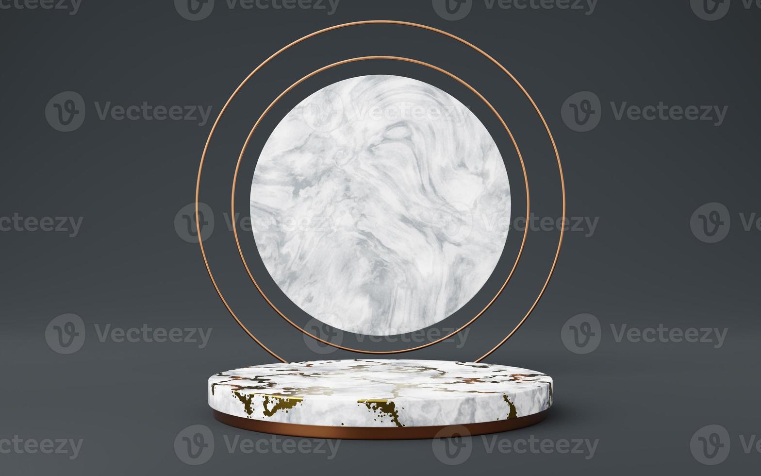 Empty white marble cylinder podium with gold striped and copper circle on gray background. Abstract minimal studio 3d geometric shape object. Mockup space for display of product design. 3d rendering. photo