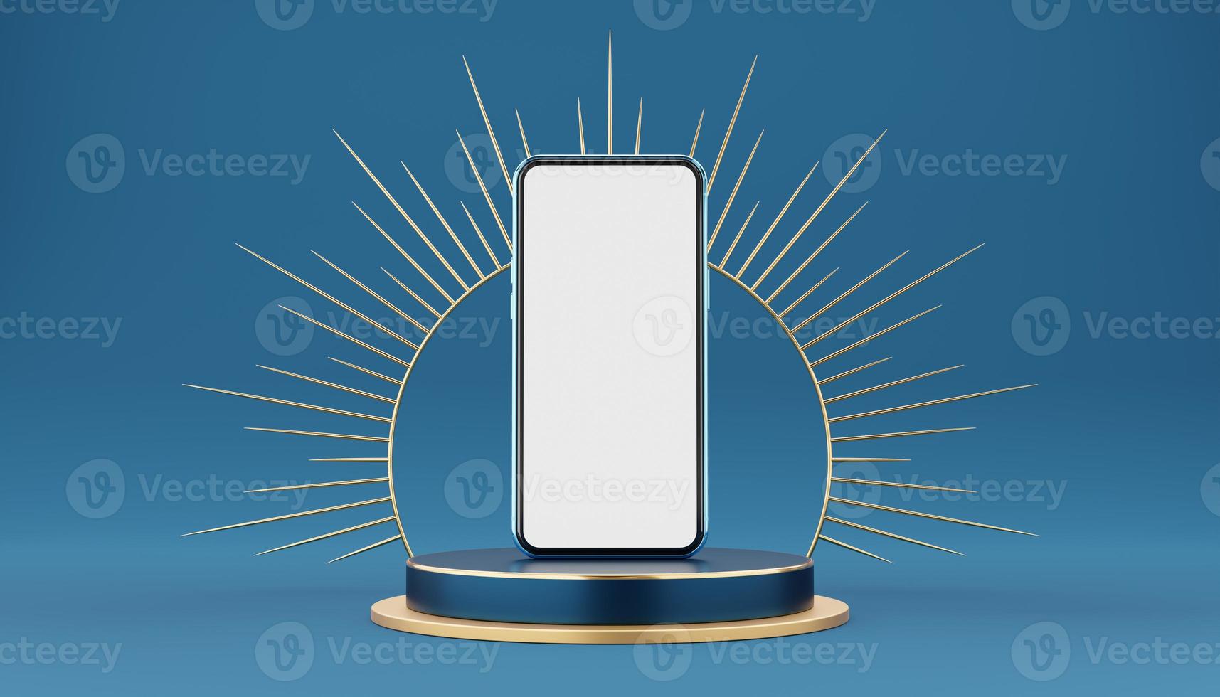 Blue mobile phone on cylinder podium with gold border and spiked halo circle on blue background. Pedestal mockup space for luxury and modern. smartphone with blank white screen. 3d rendering. photo