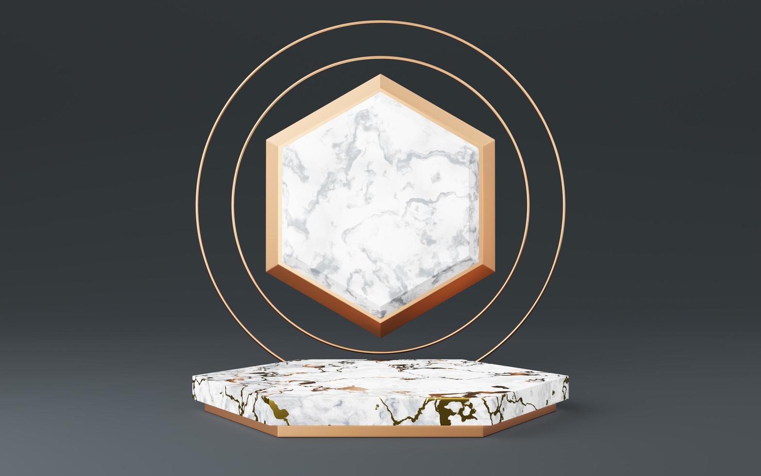 Empty white marble hexagon podium with gold striped and copper circle on gray background. Abstract minimal studio 3d geometric shape object. Mockup space for display of product design. 3d rendering. photo