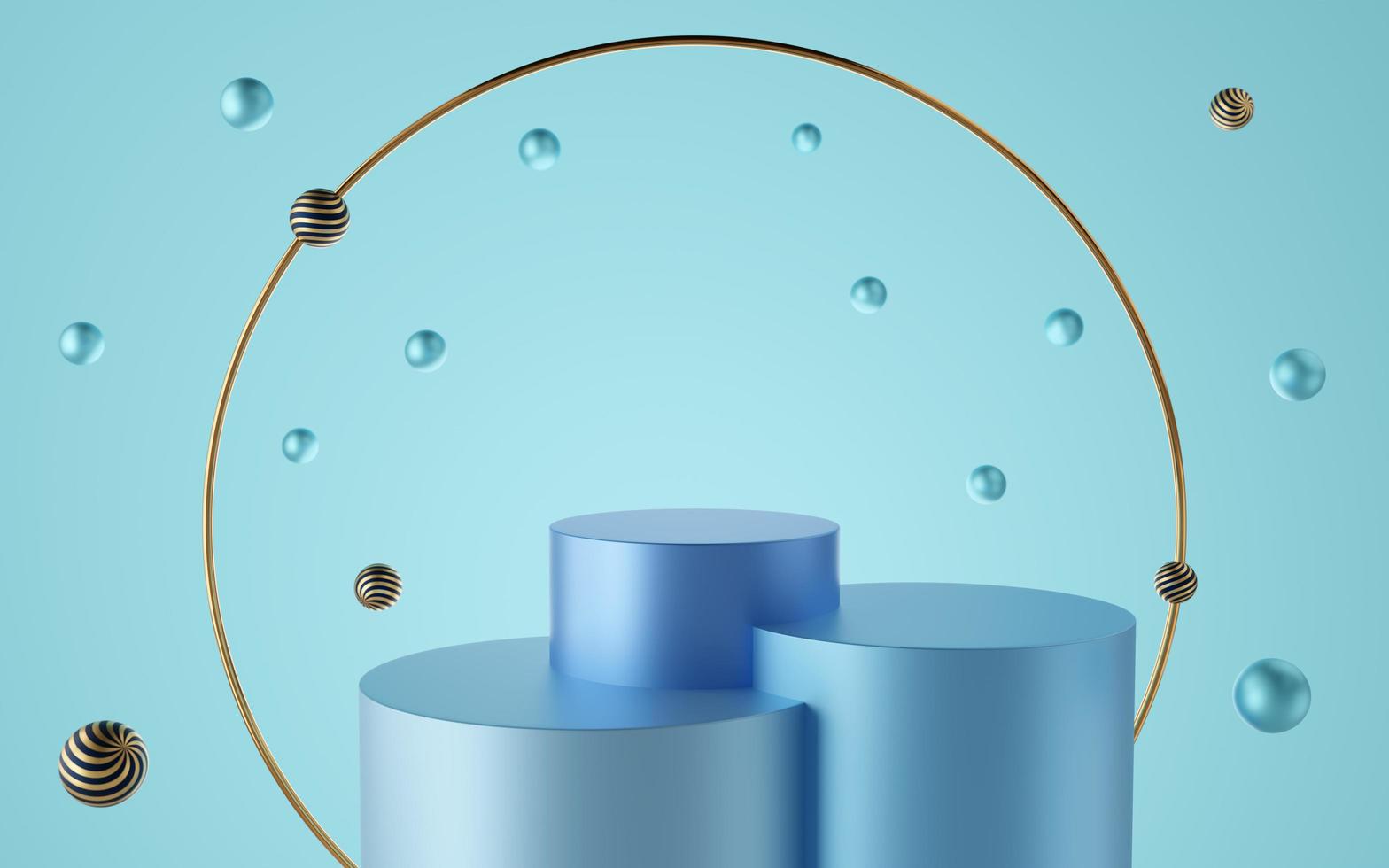 Empty blue cylinder podium with gold circle on blue background. Abstract minimal studio 3d geometric shape object. Mockup space for display of product design. 3d rendering. photo