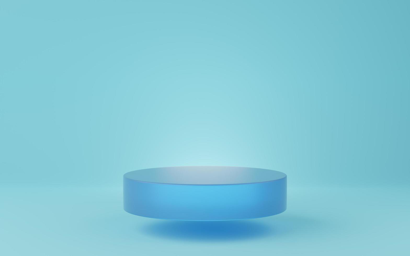 Empty blue cylinder podium floating on blue background. Abstract minimal studio 3d geometric shape object. Mockup space for display of product design. 3d rendering. photo
