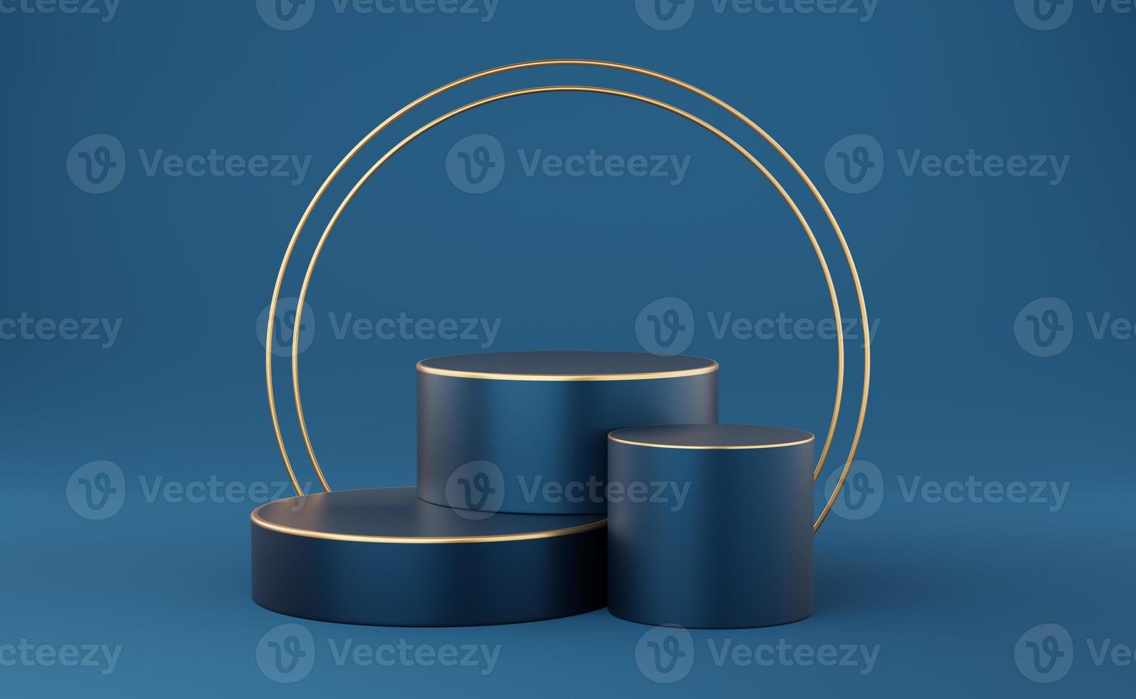 Empty blue cylinder podium with gold border and 2 gold circle on blue background. Abstract minimal studio 3d geometric shape object. Mockup space for display of product design. 3d rendering. photo
