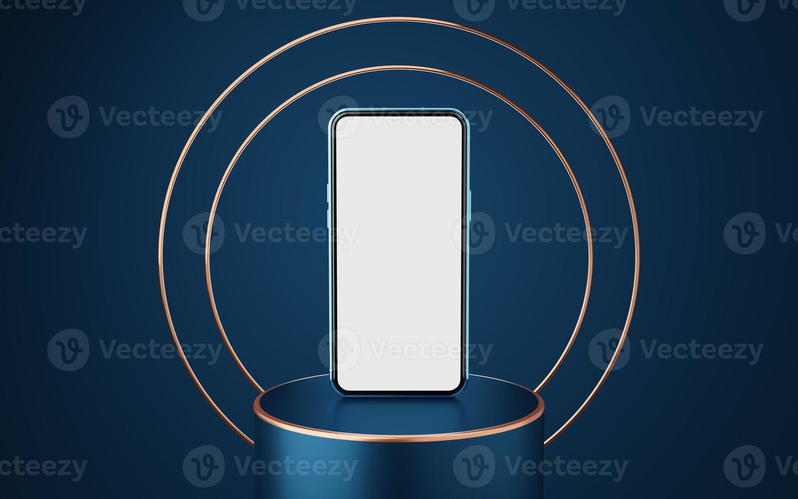 Blue mobile phone on cylinder podium with gold border and 2 copper circle on blue background. Minimal studio 3d. Pedestal mock up space for modern. smartphone with blank white screen. 3d rendering. photo