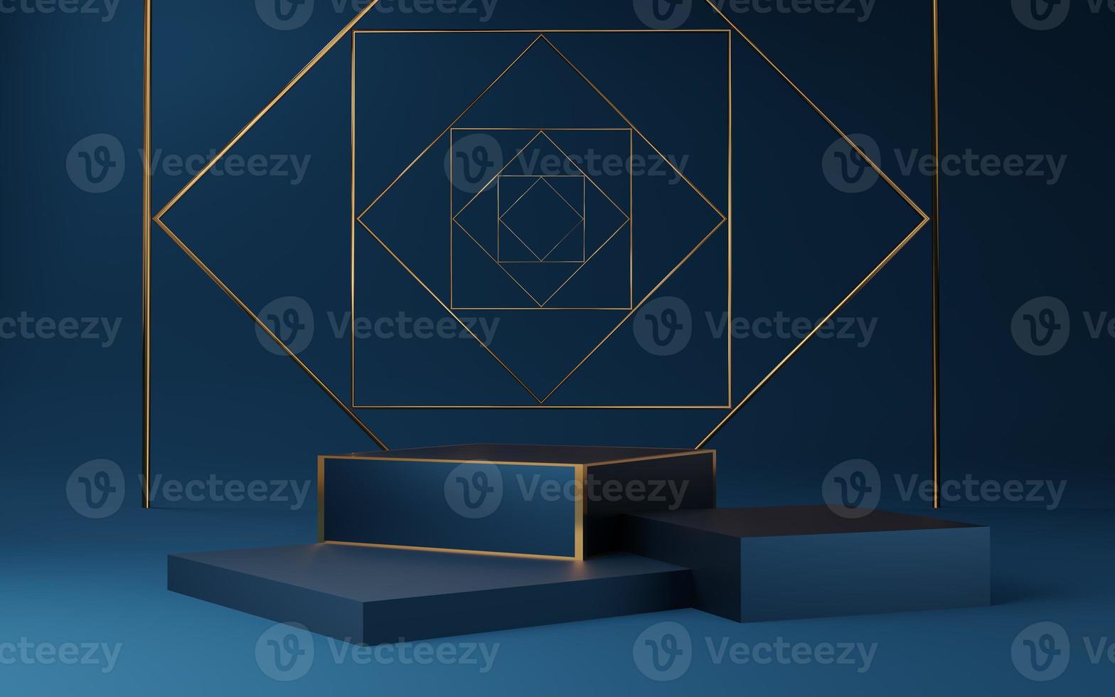 Empty blue cube podium with gold border  and gold square on blue background. Abstract minimal studio 3d geometric shape object. Mockup space for display of product design. 3d rendering. photo