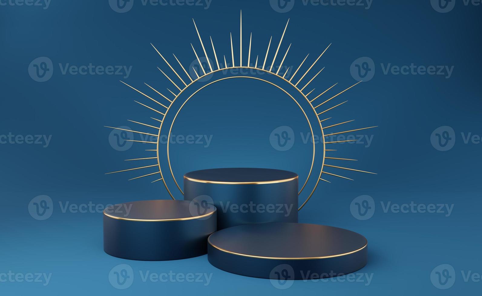 3 Empty dark blue cylinder podium with gold border and spiked halo circle on blue background. Abstract minimal studio 3d geometric shape object. Pedestal mockup space for luxury display. 3d rendering. photo
