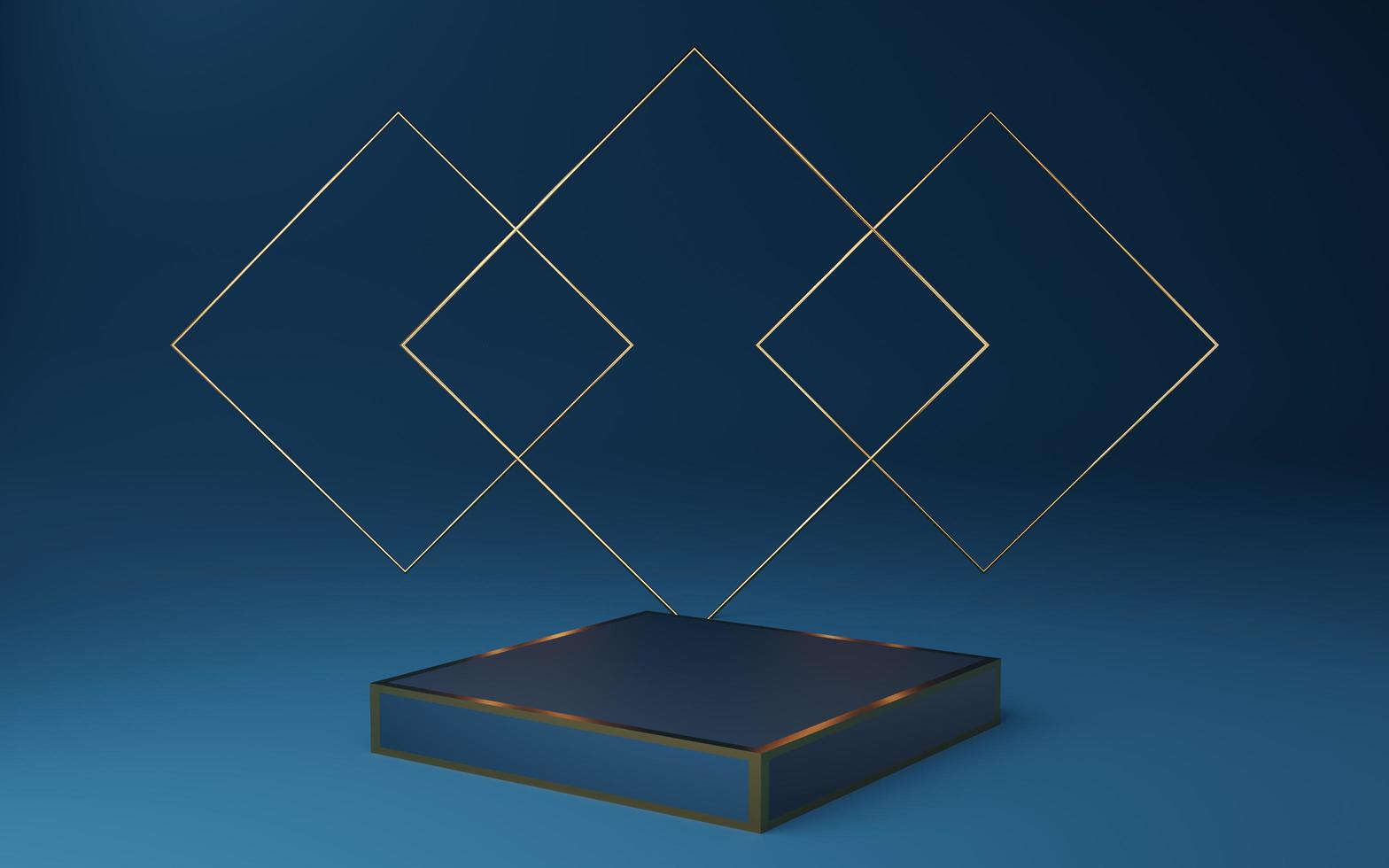 3d rendering. Empty blue cube podium with gold border and gold square on blue background. Abstract minimal studio 3d geometric shape object. Mockup space for display of product design. photo