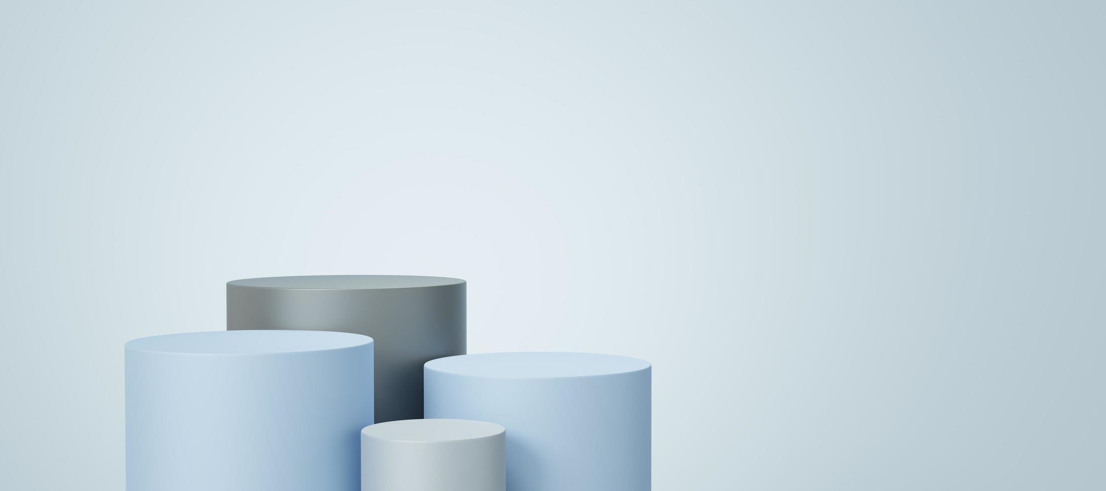 4 Empty gray and blue cylinder podium floating on white copy space background. Abstract minimal studio 3d geometric shape object. Pedestal mockup space for display of product design. 3d rendering. photo