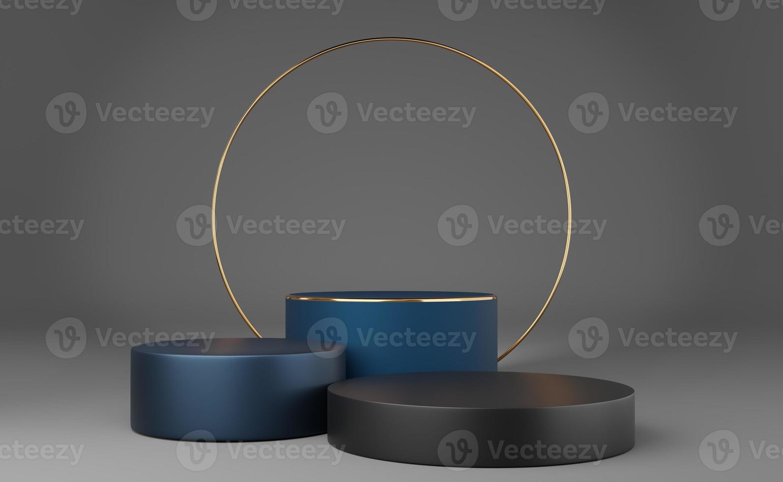Empty blue and gray cylinder podium with gold border and gold circle on gray background. Abstract minimal studio 3d geometric shape object. Mockup space for display of product design. 3d rendering. photo
