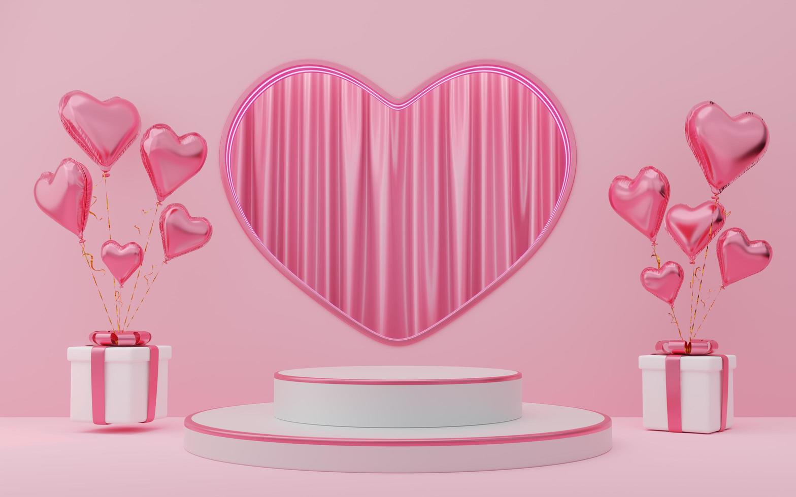 Empty white cylinder podium with pink border, gift boxes, hearts balloons on neon lamp arch and curtain background. Valentine's Day interior with pedestal. Mockup space for display. 3d render. photo