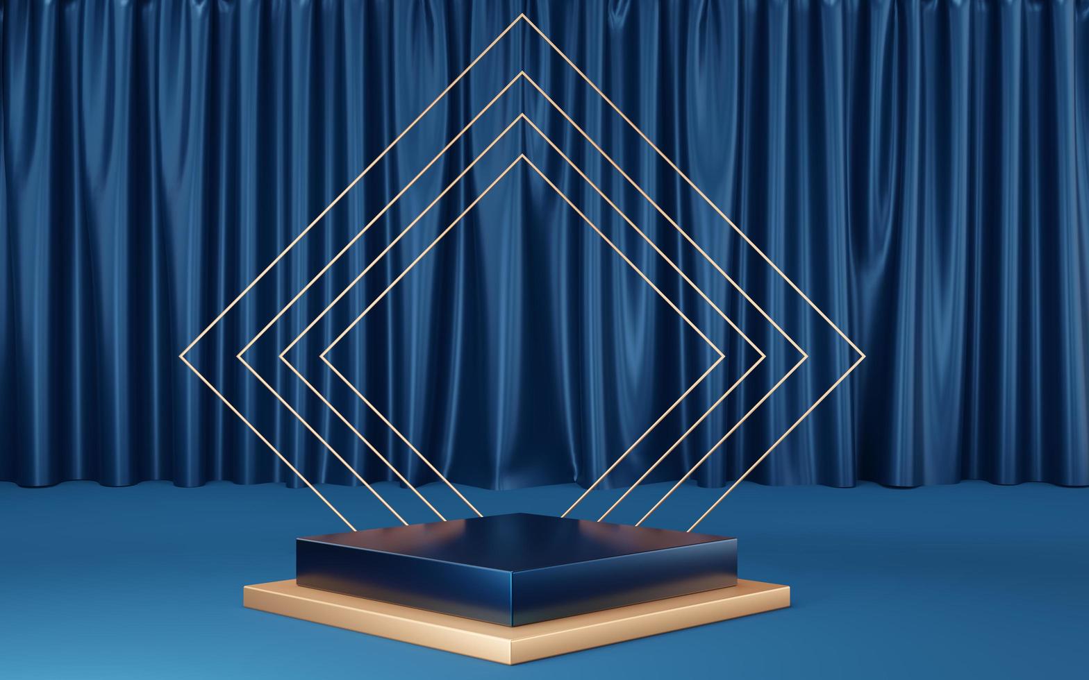 Empty blue and gold cube podium with gold square on blue background. Abstract minimal studio 3d geometric shape object. Mockup space for display of product design. 3d rendering. photo