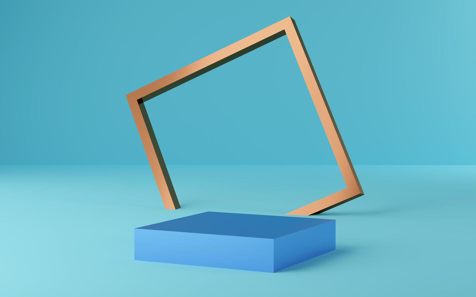 Empty blue cube podium with gold frame on blue background. Abstract minimal studio 3d geometric shape object. Mockup space for display of product design. 3d rendering. photo