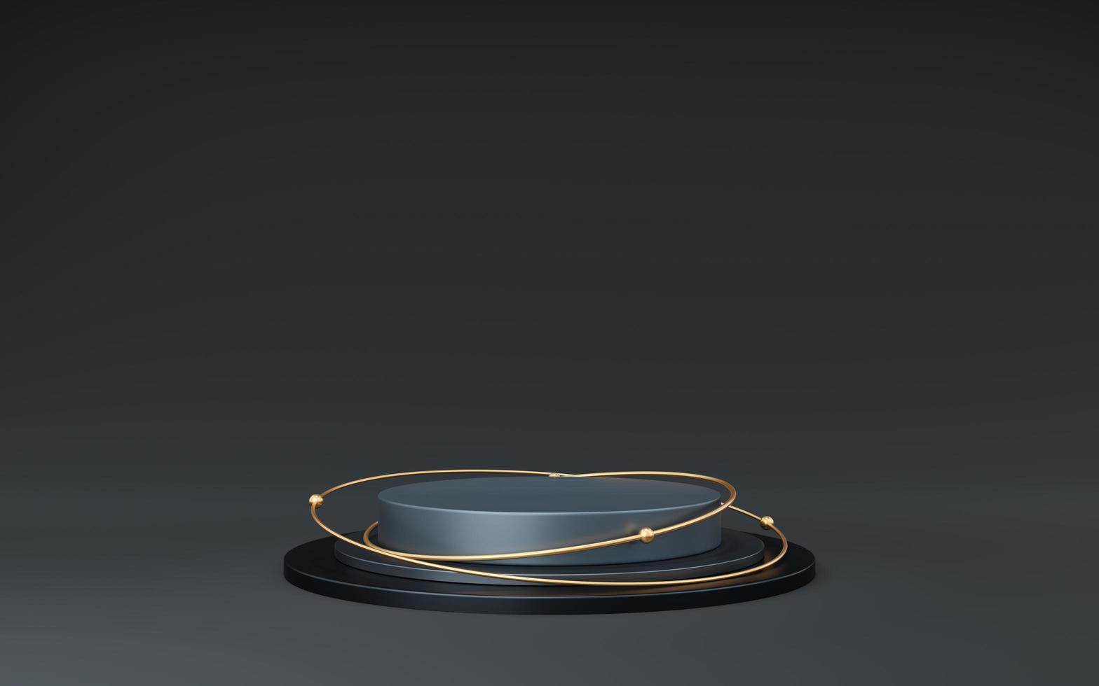 Empty gray cylinder podium and gold circle and ball on black background. Abstract minimal studio 3d geometric shape object. Pedestal mockup space for display of product design. 3d rendering. photo