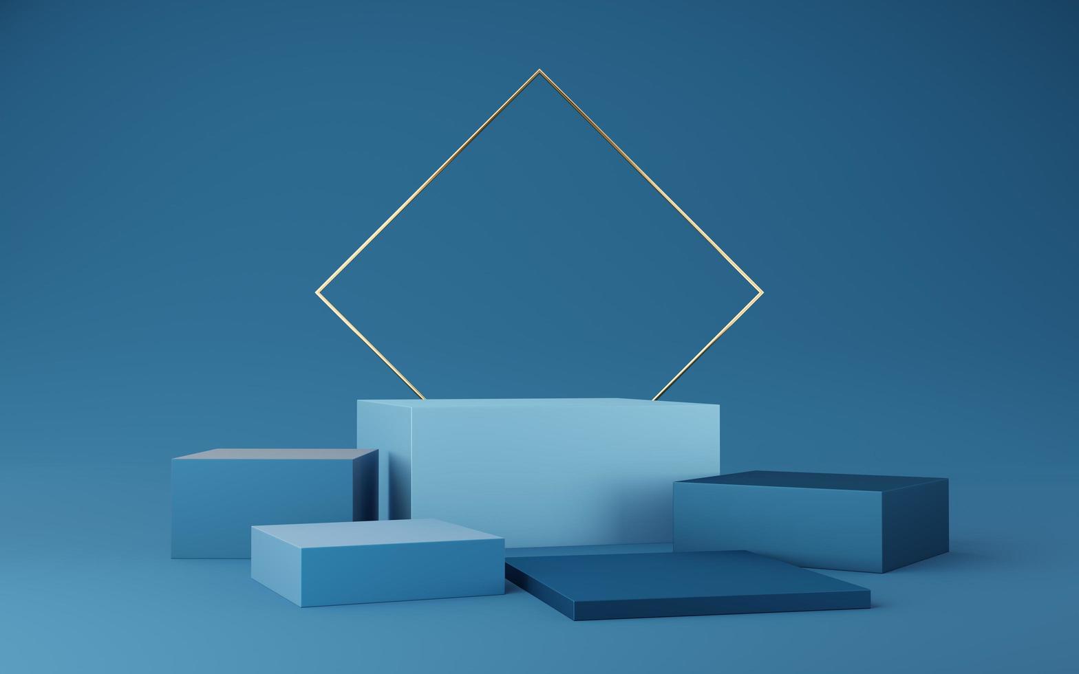 Empty blue cube podium and gold square on blue background. Abstract minimal studio 3d geometric shape object. Mockup space for display of product design. 3d rendering. photo