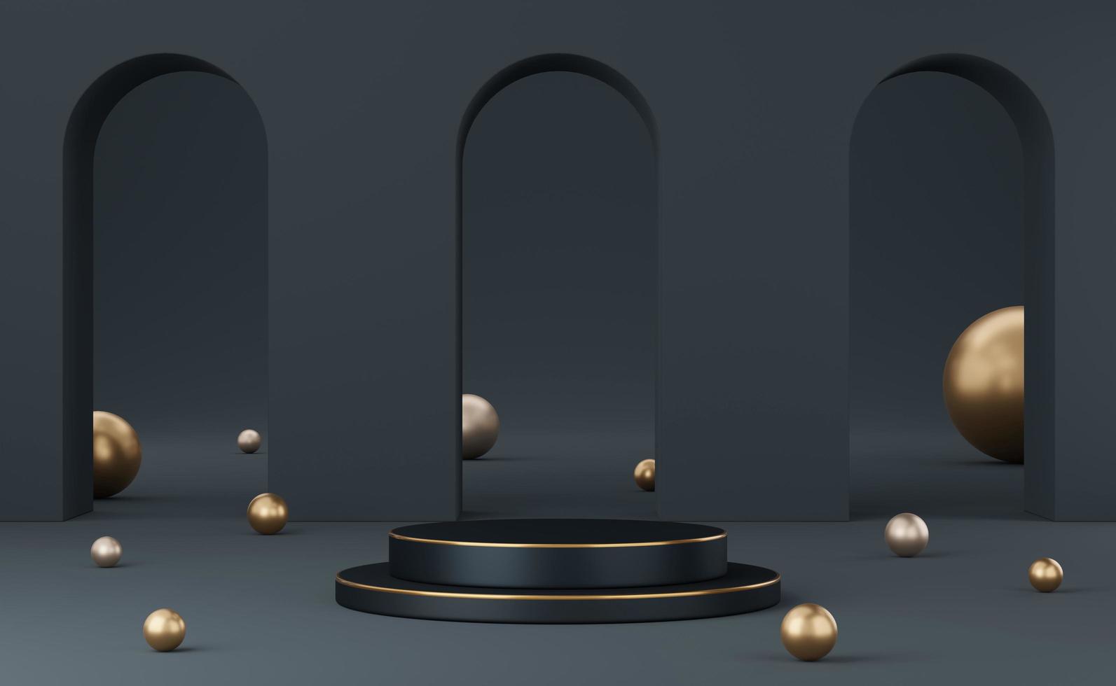 Empty black cylinder podium with gold border and ball on three arch gray background. Abstract minimal studio 3d geometric shape object. Pedestal mockup space for display of product design. 3d render. photo