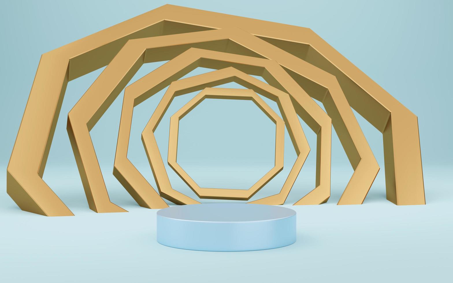 Empty blue cylinder podium with gold octagon frame on blue background. Abstract minimal studio 3d geometric shape object. Mockup space for display of product design. 3d rendering. photo