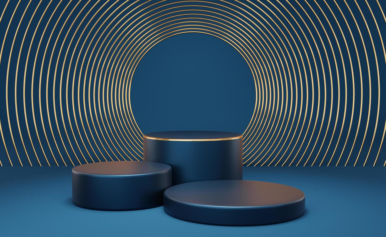 Empty blue cylinder podium with gold border and gold circle on blue background. Abstract minimal studio 3d geometric shape object. Mockup space for display of product design. 3d rendering. photo