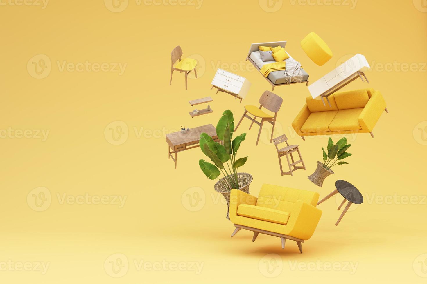 interior design concept Sale of home decorations and furniture During promotions and discounts, it is surrounded by beds, sofas, armchairs and advertising spaces banner. pastel background. 3d render photo