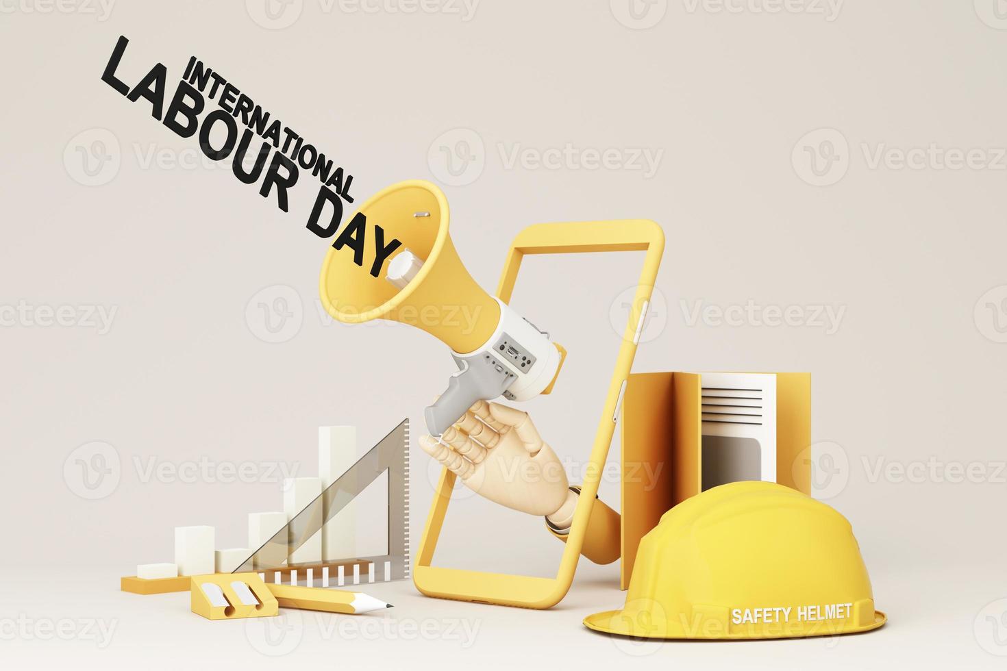 Happy Labour Day concept. 1st May- International labor day concept. Labor safety and right at Workplace. World Day for Safety and Health at Work concept. Safety first for worker. 3d rendering photo