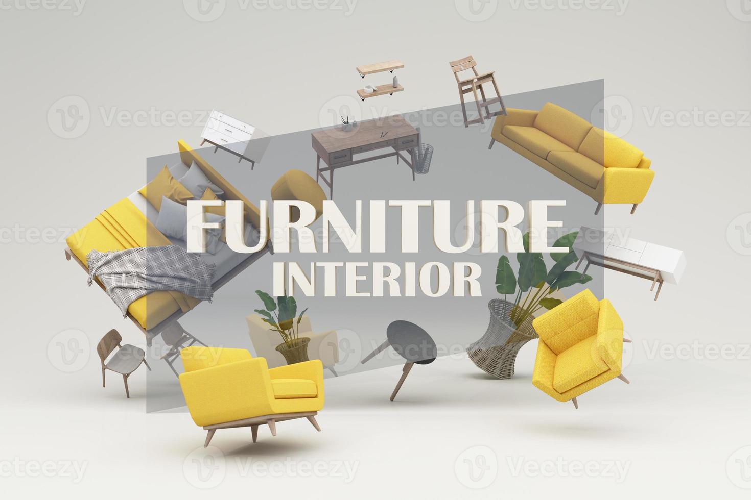 concepto de diseño de interiores venta de decoración y muebles para el hogar durante promociones y descuentos, está rodeado de camas, sofás, sillones y espacios publicitarios. fondo pastel renderizado 3d foto