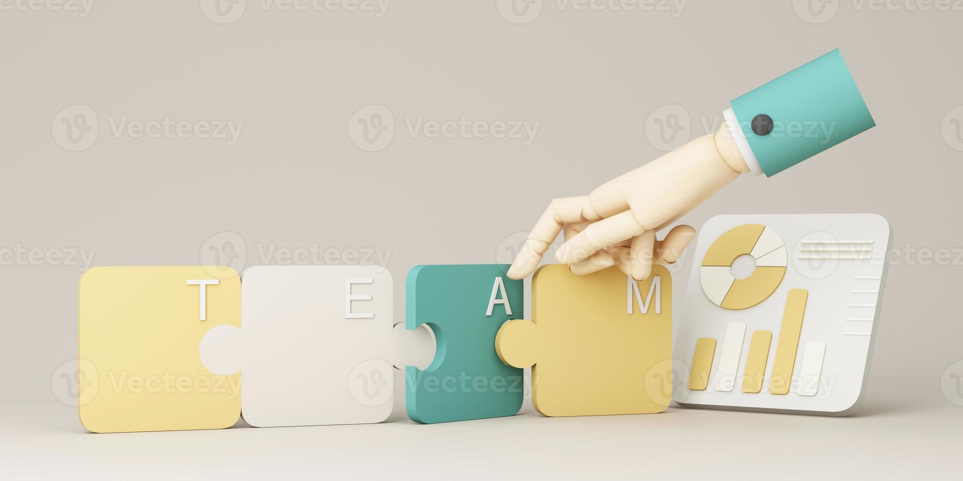 Business teamwork and organizational collaboration concepts to work together to solve problems with cogs gears. The jigsaw of teamwork and data analysis, on pastel color cartoon style. 3D rendering. photo