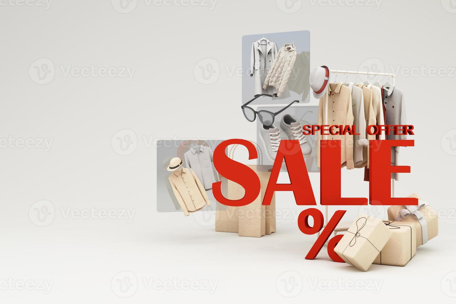 fashion clothes During online shopping promotions and discounts will be surrounded by shirts, shoes, sunglasses and gift boxes and packages with advertising space banner pastel background 3d rendering photo