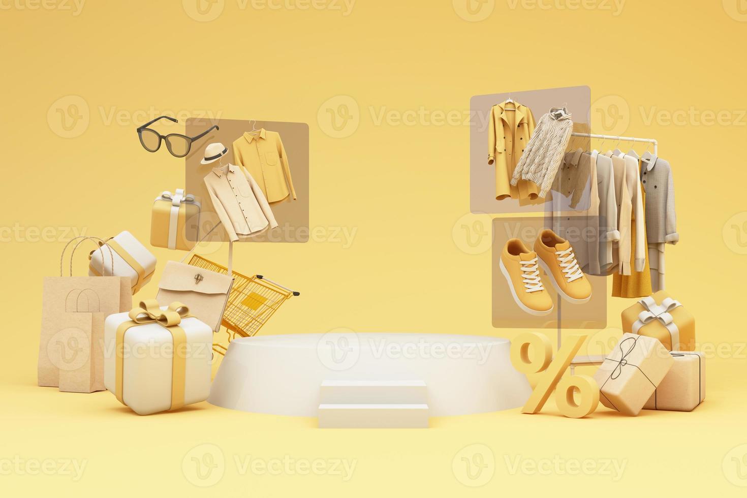 fashion clothes During online shopping promotions and discounts will be surrounded by shirts, shoes, sunglasses and gift boxes and packages with advertising space banner pastel background 3d rendering photo