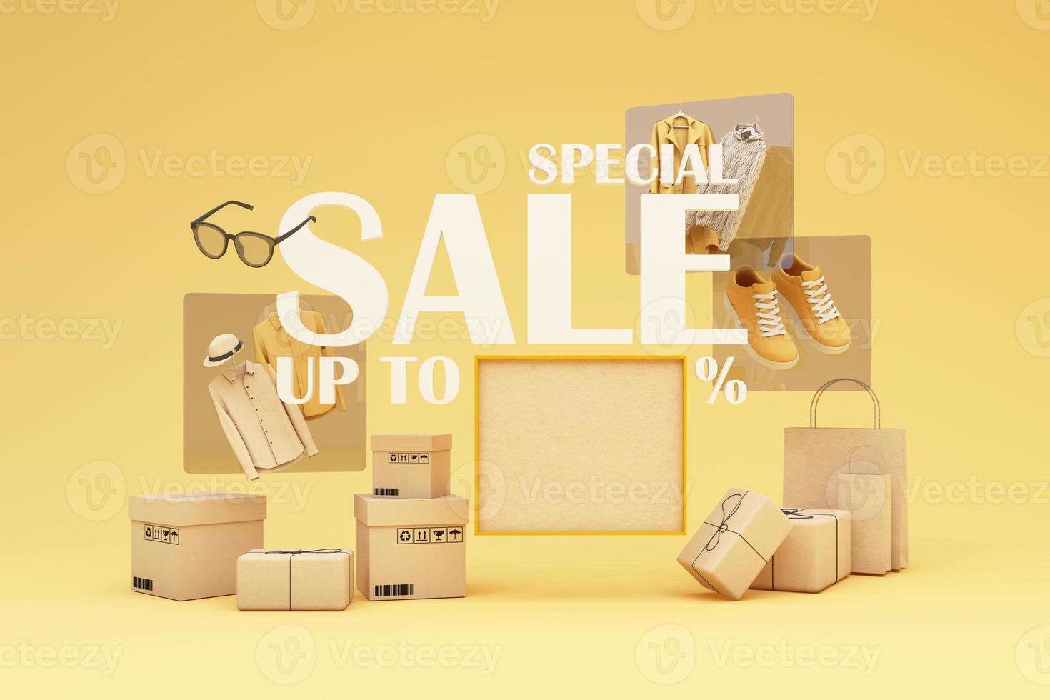 fashion clothes During online shopping promotions and discounts will be surrounded by shirts, shoes, sunglasses and gift boxes and packages with advertising space banner pastel background 3d rendering photo