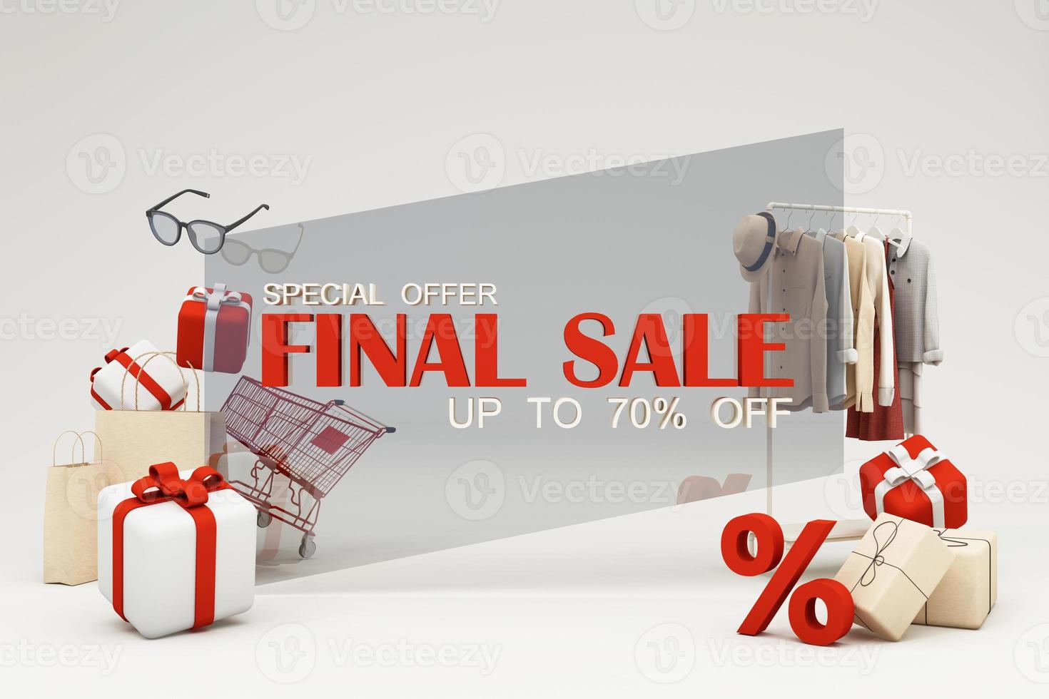 fashion clothes During online shopping promotions and discounts will be surrounded by shirts, shoes, sunglasses and gift boxes and packages with advertising space banner pastel background 3d rendering photo